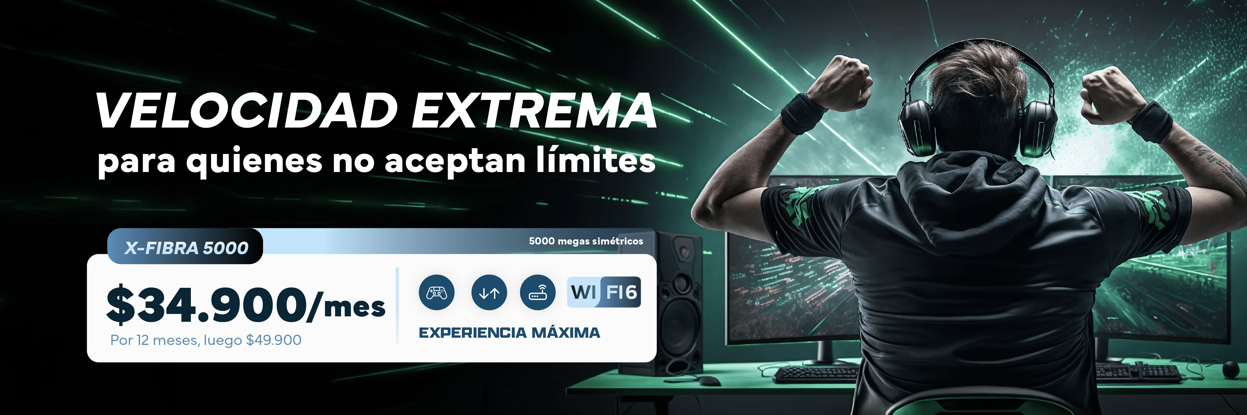 Internet X-Fibra 5000 de alta velocidad con 5000 megas simétricos por $34.900 al mes, ideal para gaming y streaming.