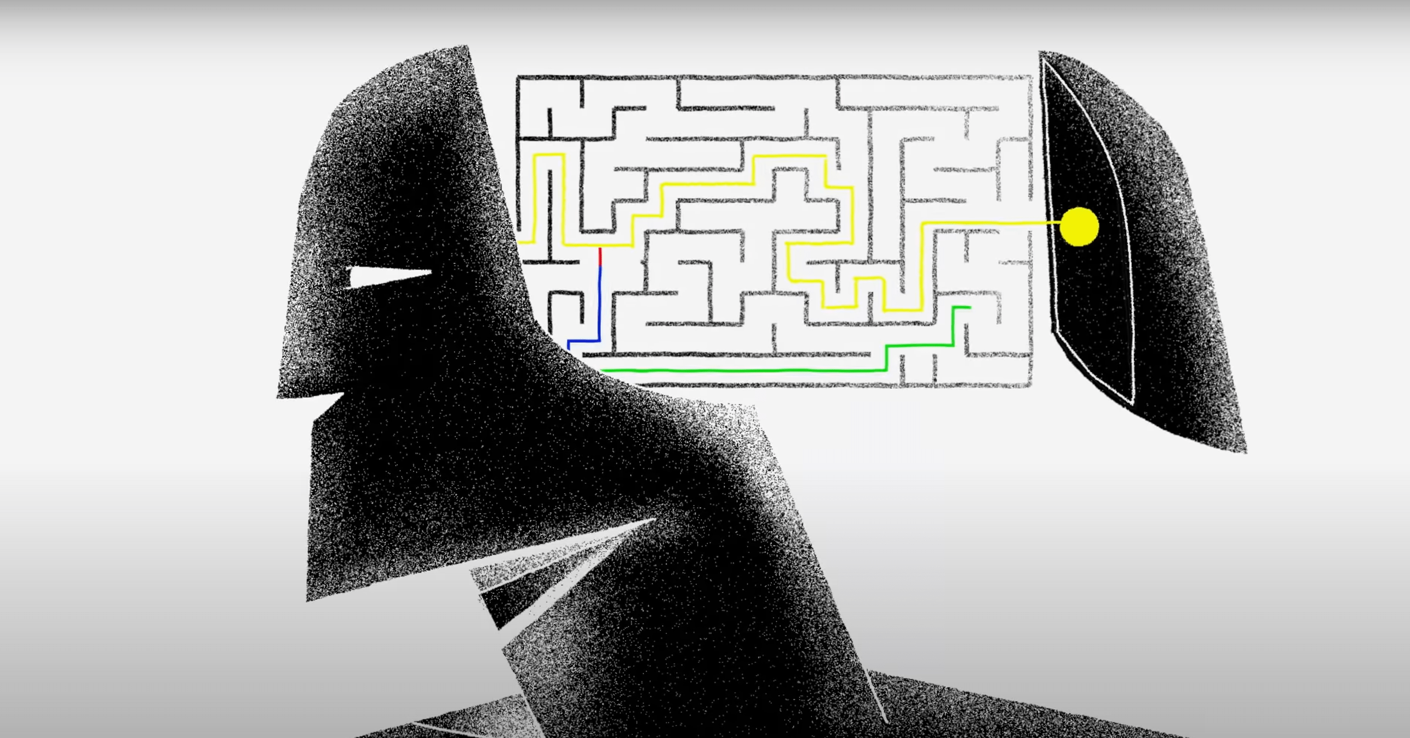 Rostro y torso humano geométrico negro con la cabeza abierta que muestra al cerebro como un laberinto.
