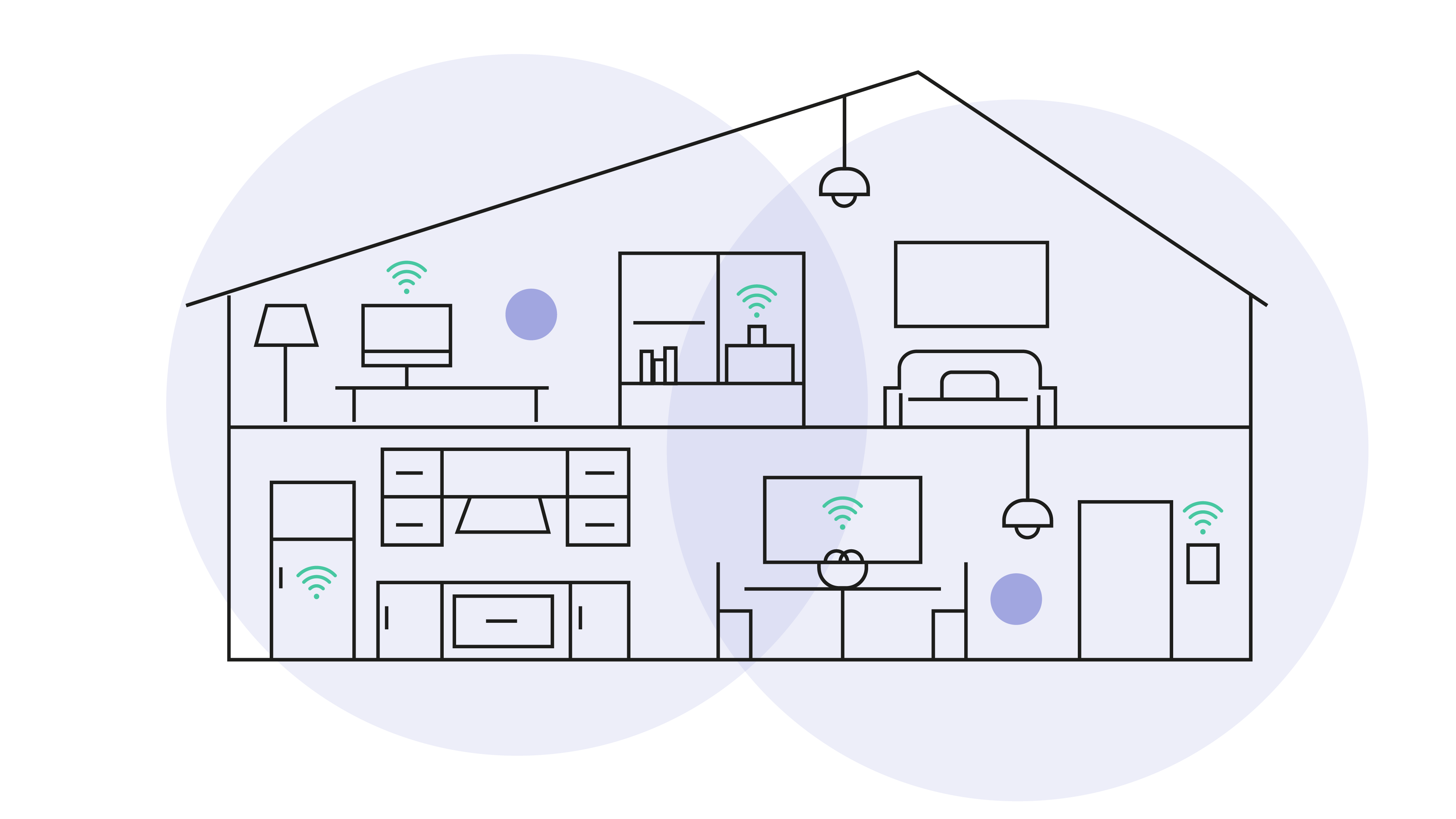 plano interior de una casa de dos pisos con varios dispositivos con conexión wifi