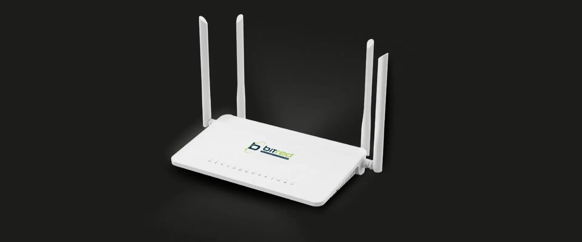 Router blanco con cuatro antenas y logotipo de Bitred visto desde todas las caras posibles.
