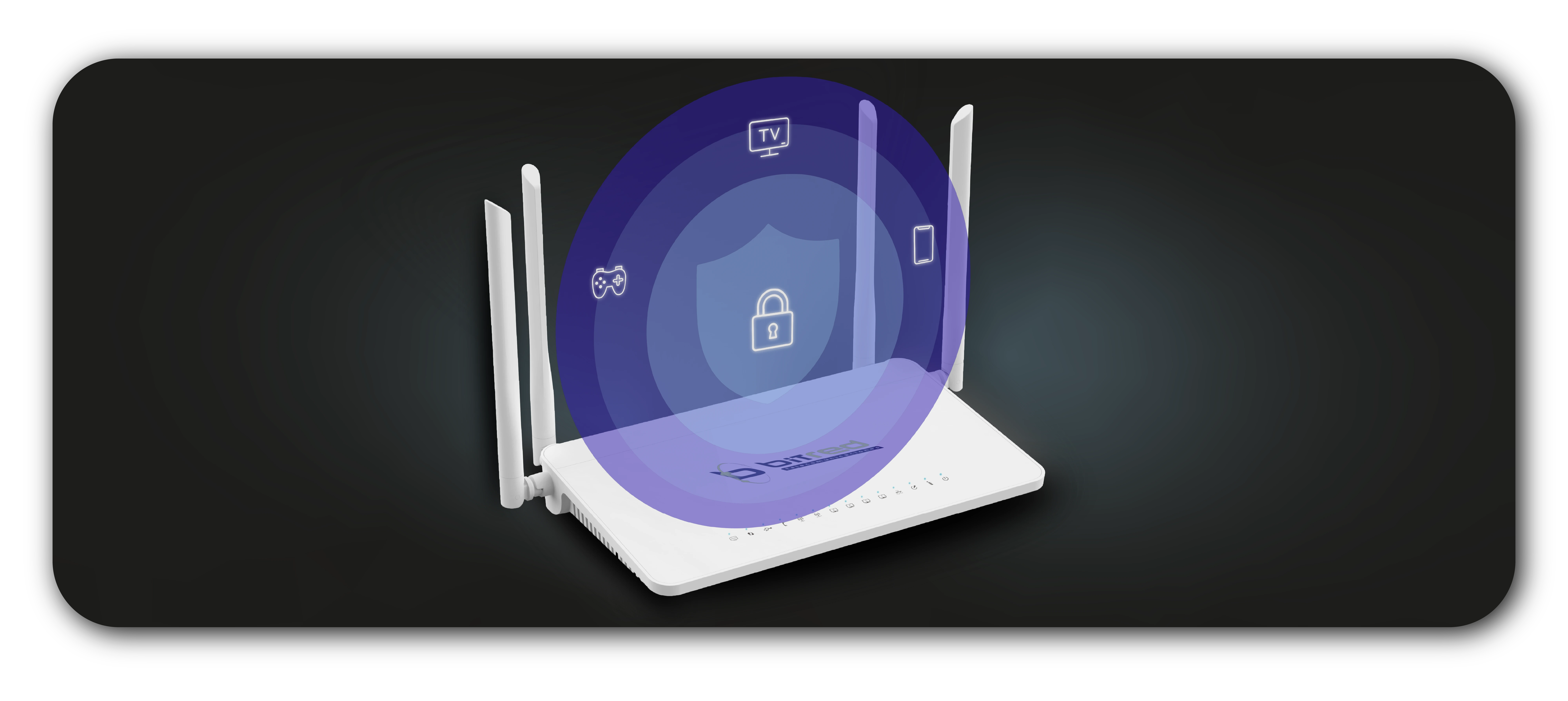 IRouter blanco con tres círculos en tonos violetas en los que aparecen íconos de candado, joystick, televisión y iphone.