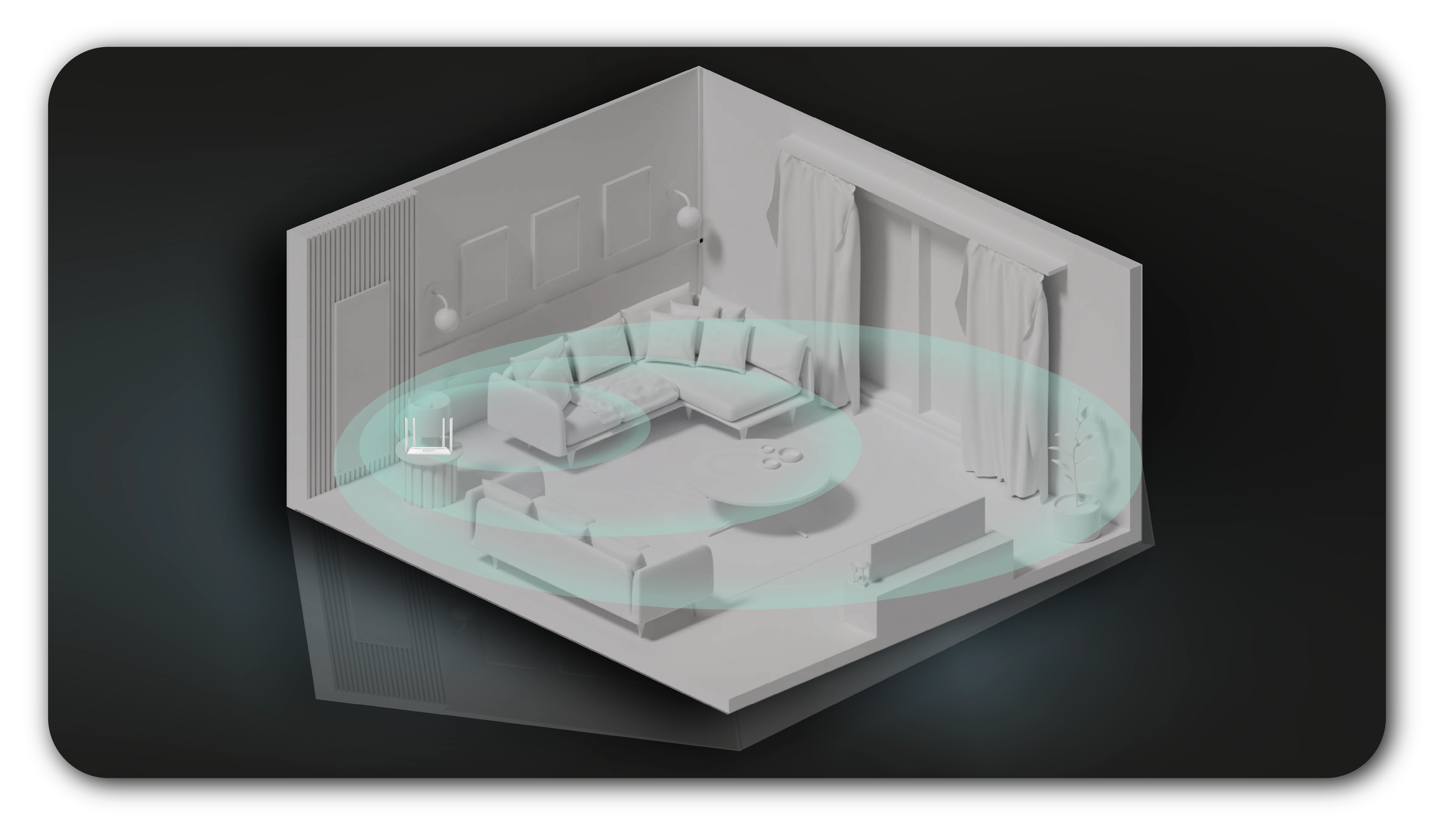 Maqueta blanca de un primer piso de una casa en donde aparece una sala de estar y sobre esta dos círculos entrelazados verdes.