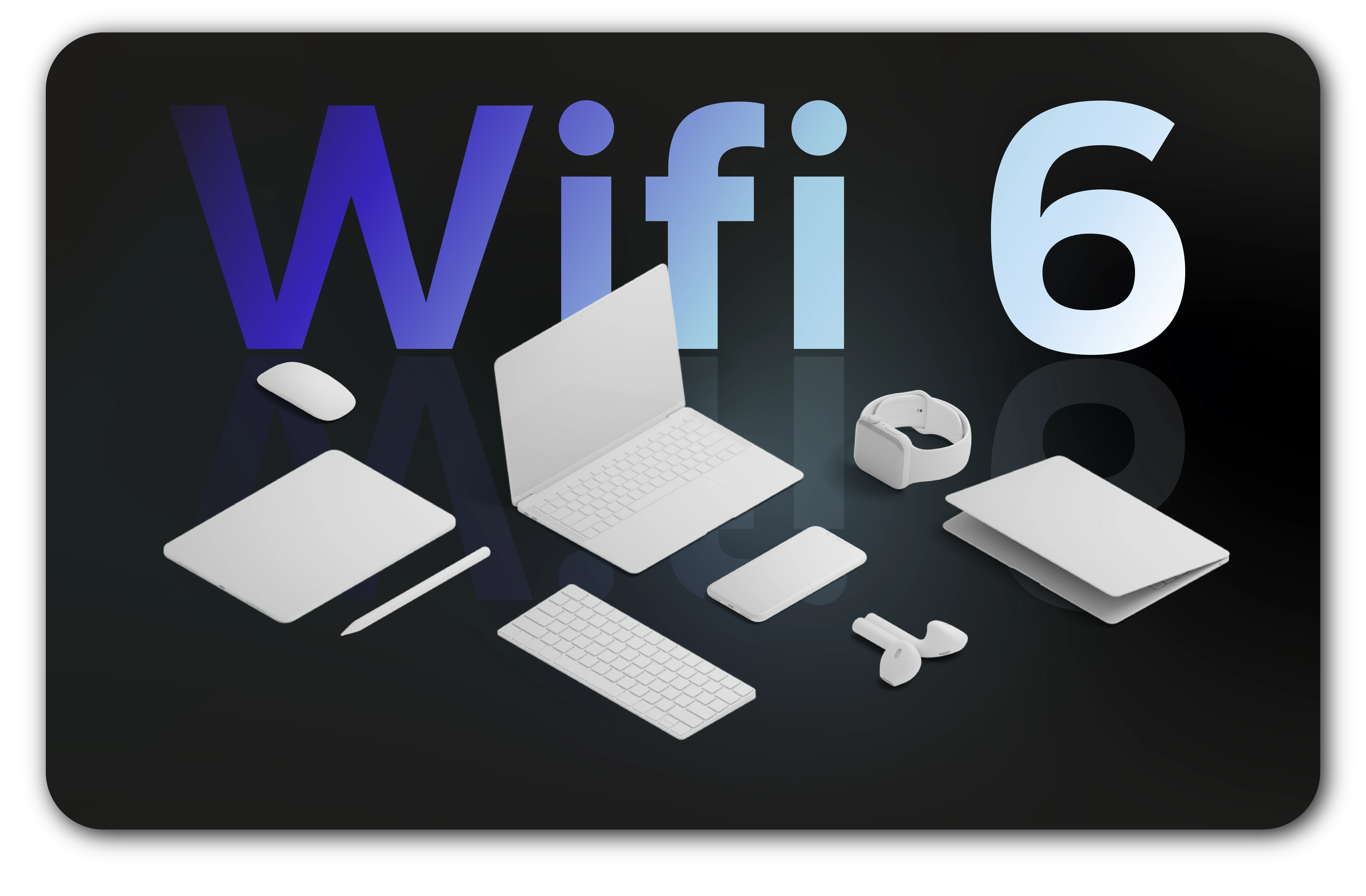 Dispositivos electrónicos totalmente en blanco bajo la frase Wifi 6 maquetada