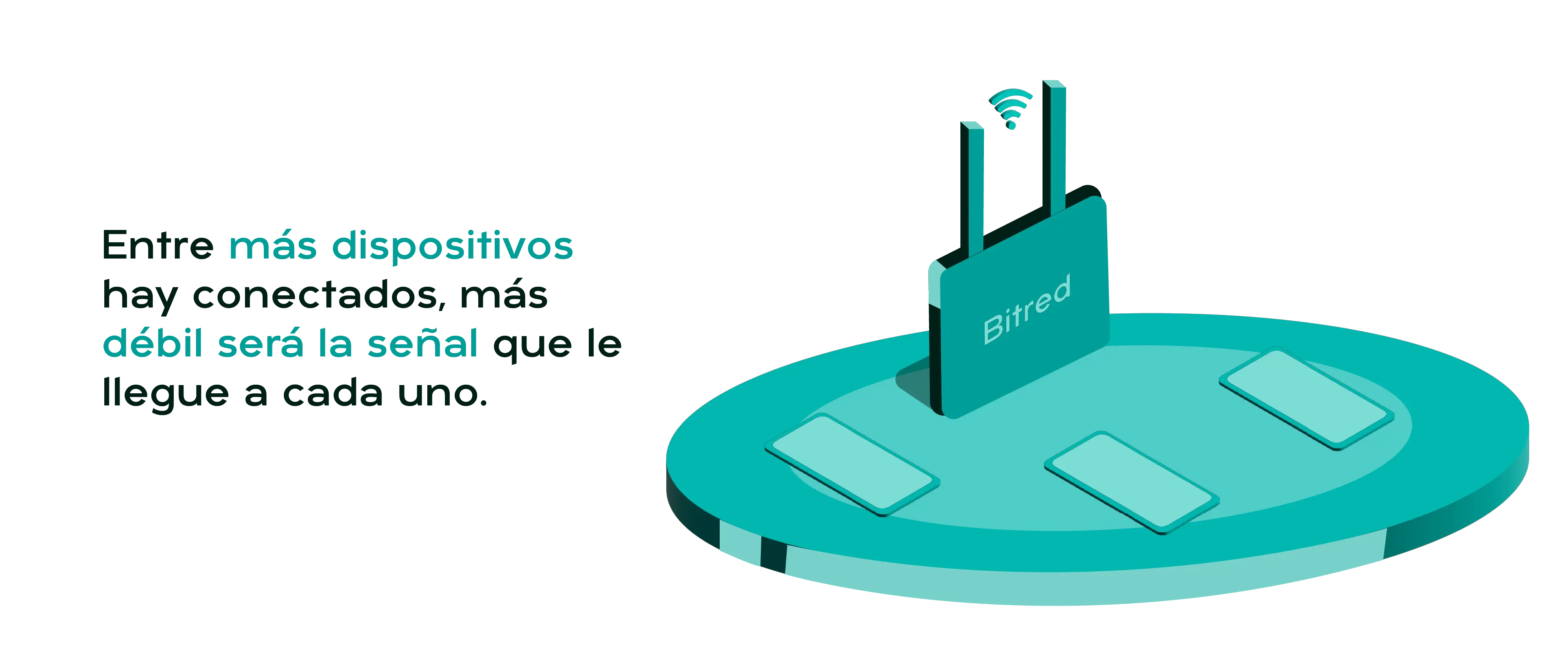 Plataforma verde circular sobre la que hay un router verde con un ícono de wifi  y tres dispositivos móviles